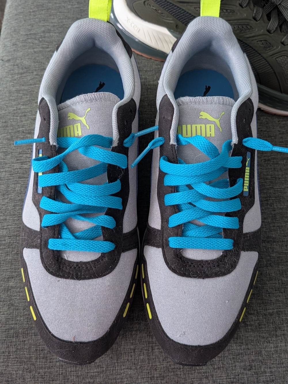 Puma Gray & Black Sneakers with Bright Blue Laces